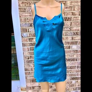 Vintage California Dynasty Blue Cerulean Silky Floral Detail Chemise Slip